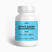 A bottle of Lion's Mane Mushroom dietary supplement capsules with a blue label on a white background.