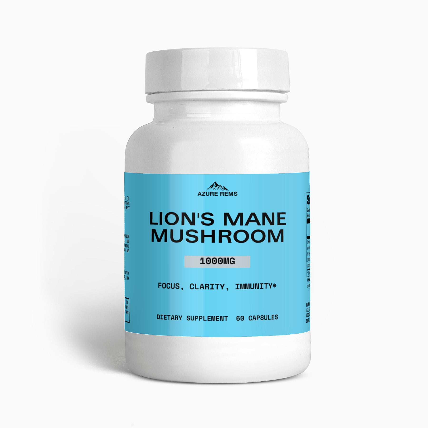A bottle of Lion's Mane Mushroom dietary supplement capsules with a blue label on a white background.