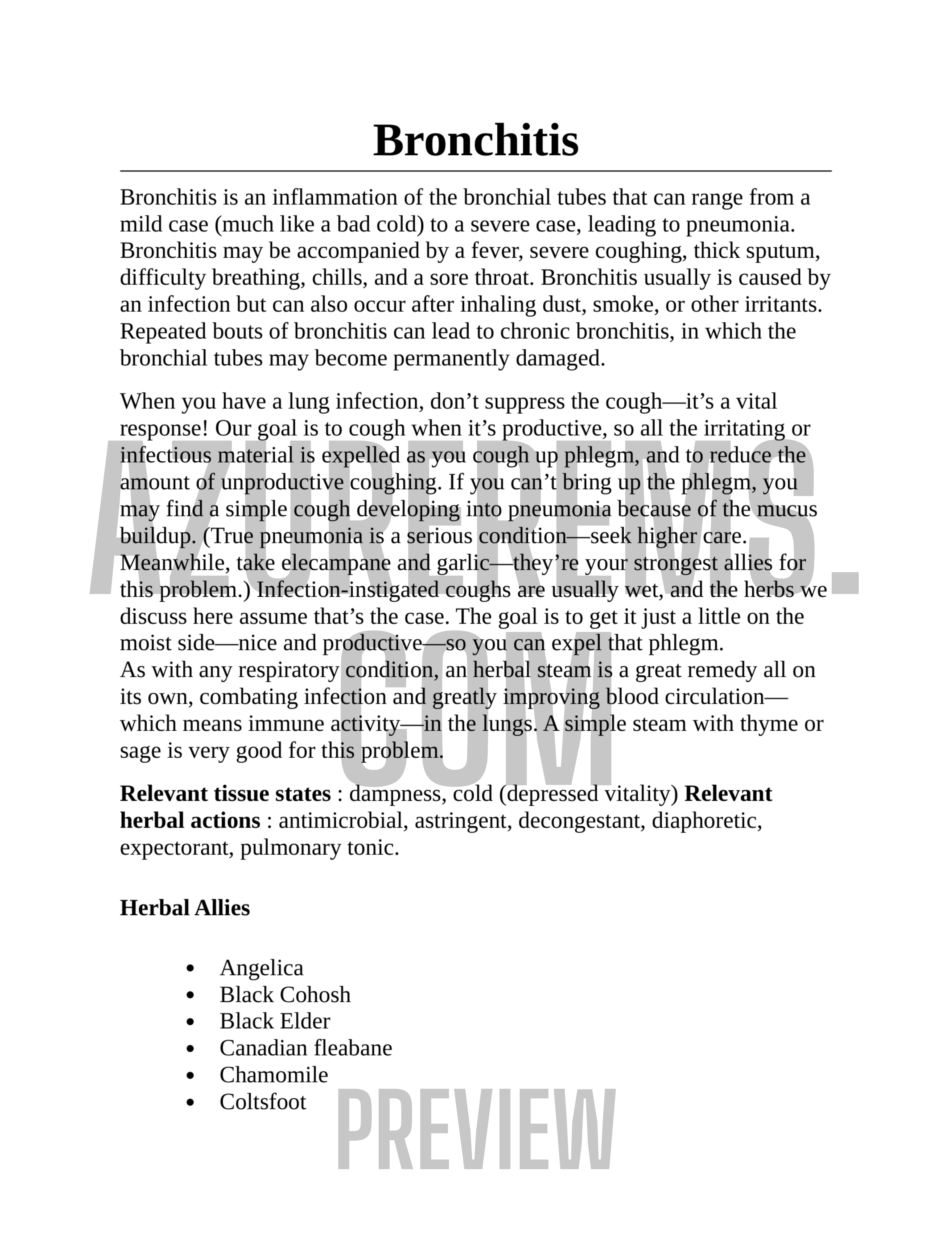 Text document about bronchitis with a focus on symptoms and treatment.