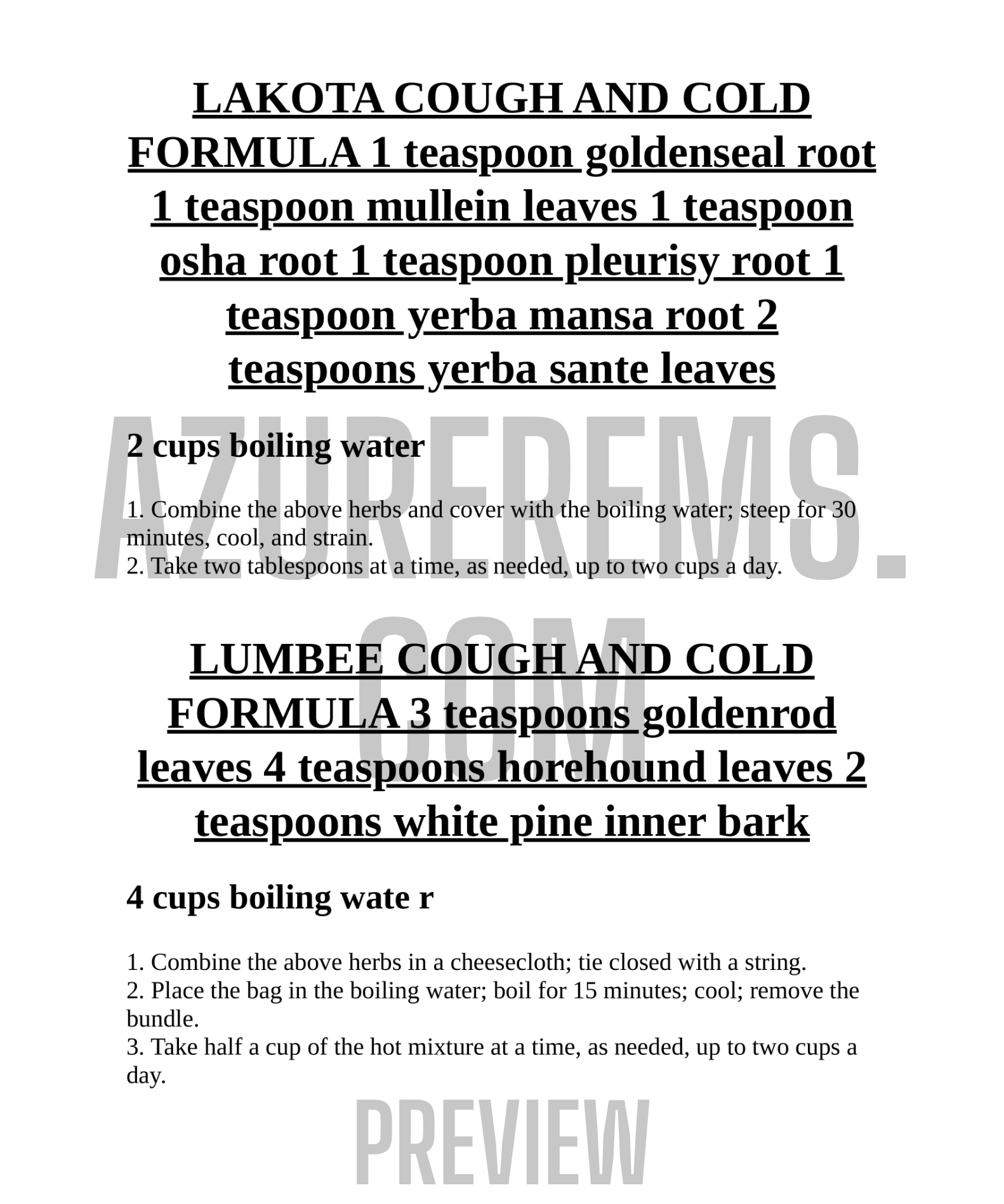 Text document with herbal formulas for Lakota Cough and Cold and Lumbee Cough and Cold, including ingredients and preparation instructions.