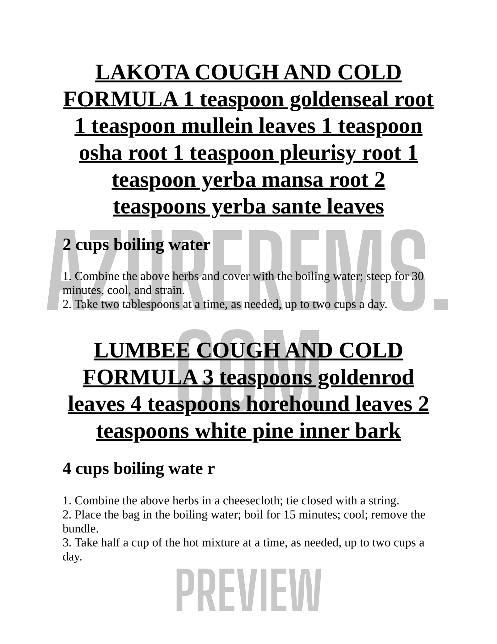 Text document with herbal formulas for Lakota Cough and Cold and Lumbee Cough and Cold, including ingredients and preparation instructions.