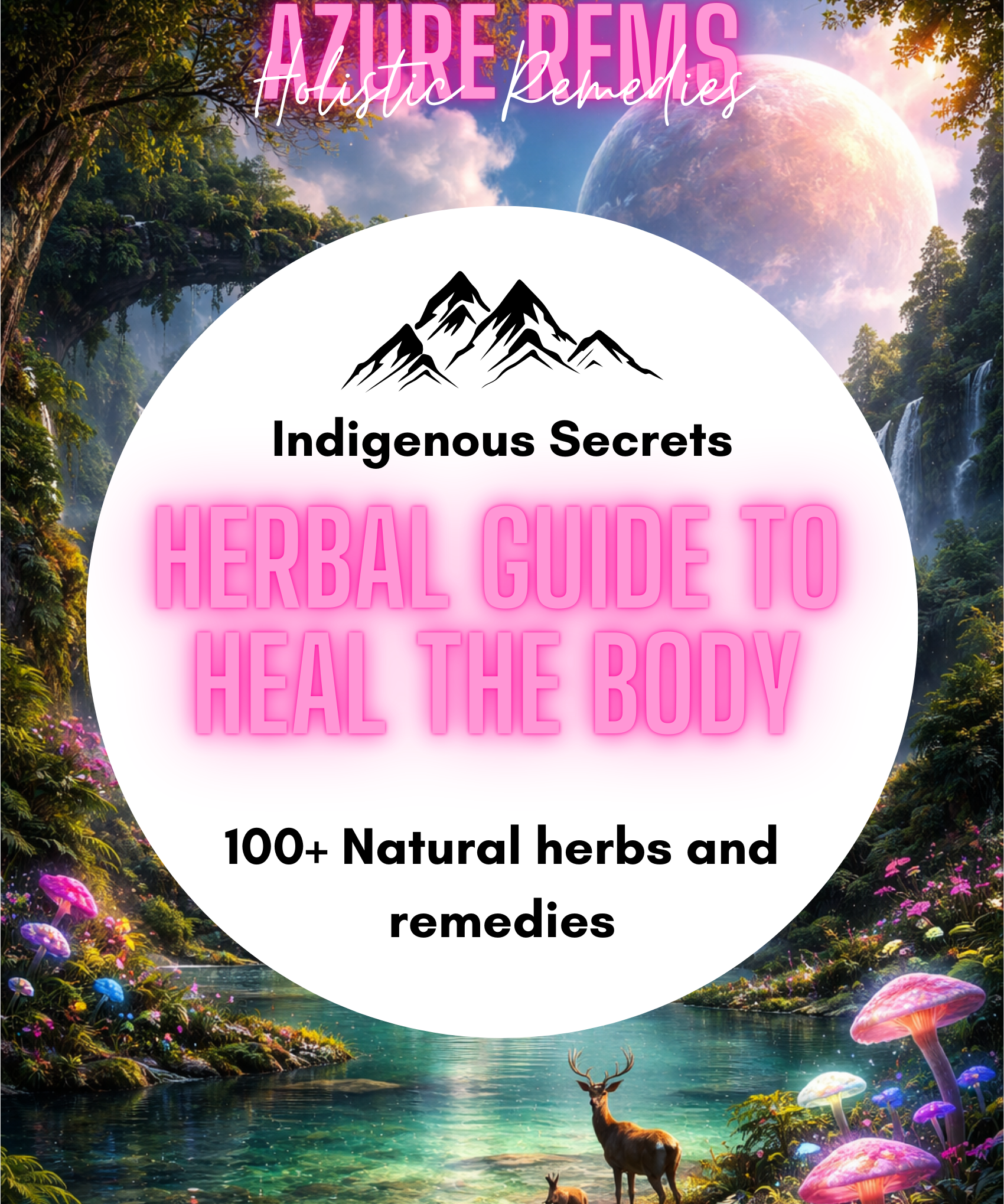 Cover of 'Indigenous Secrets Herbal Guide to Heal the Body' with a mystical landscape and 'Azure Rems' branding.