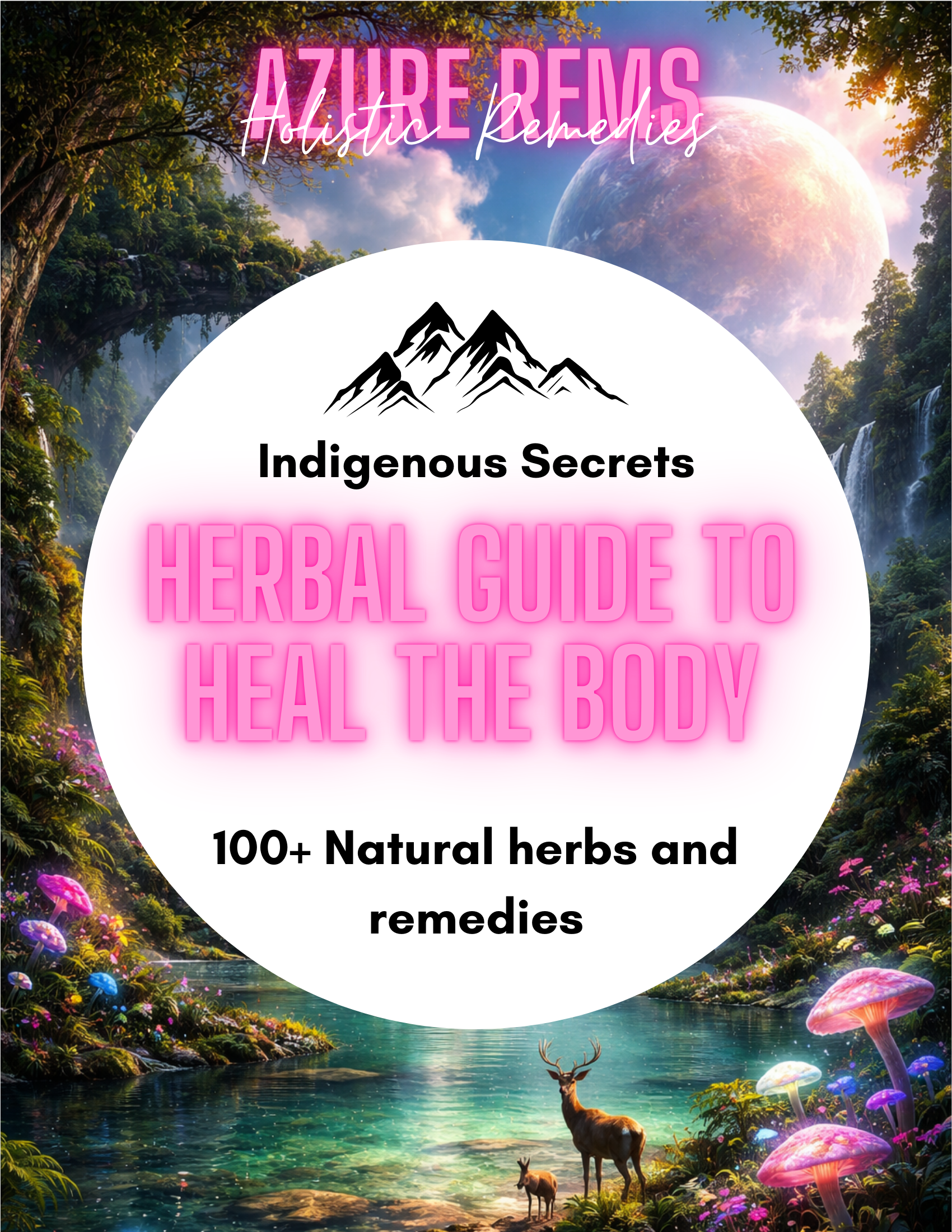 Cover of 'Indigenous Secrets Herbal Guide to Heal the Body' with a mystical landscape and 'Azure Rems' branding.
